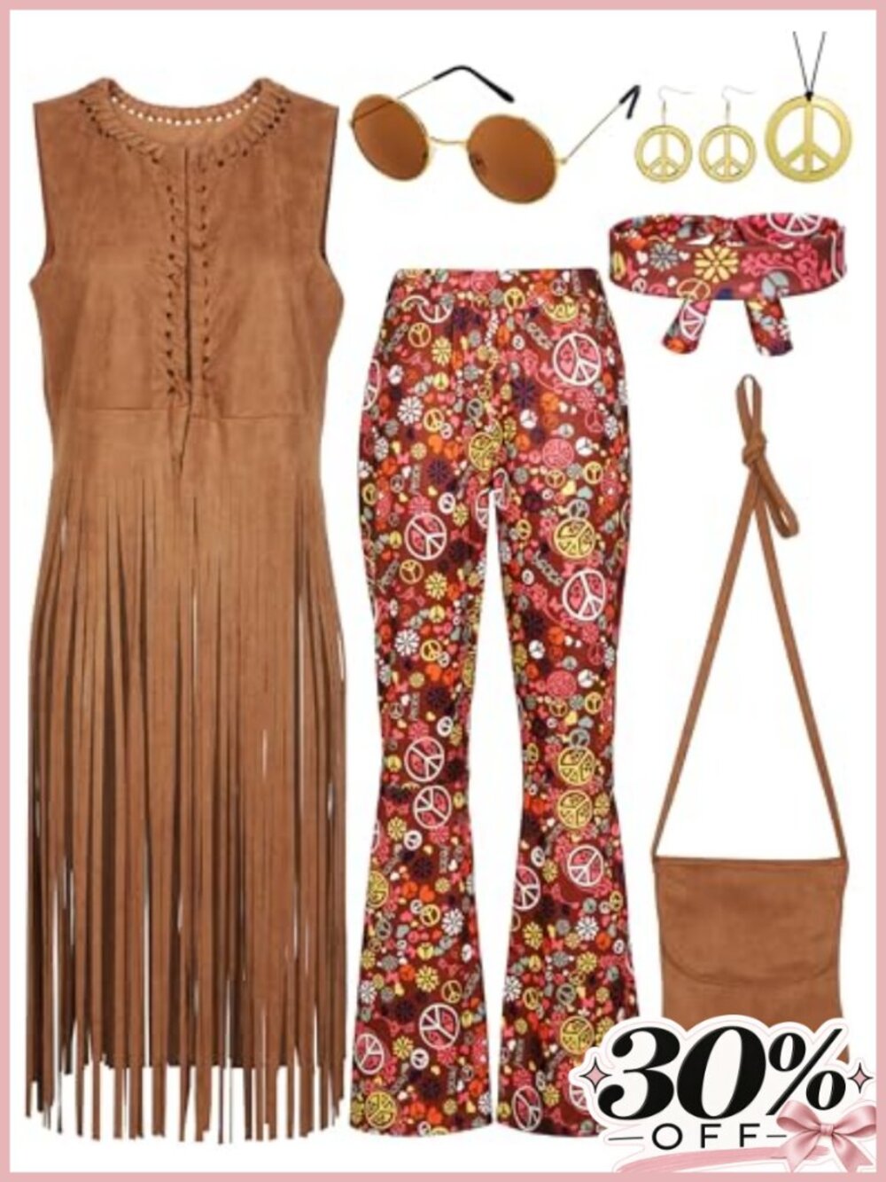 Womens 70s Hippie Costume Set Vest Pants Headband Accessories